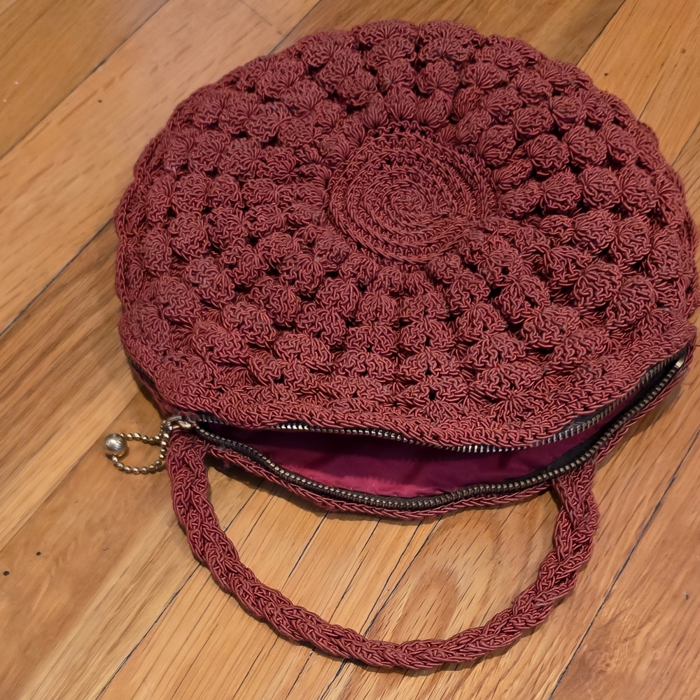 Vintage burnt orange artisan round boho lined purse with pocket